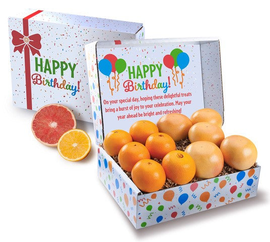 Fruit box with oranges and grapefruit, featuring a 'Happy Birthday!' message.