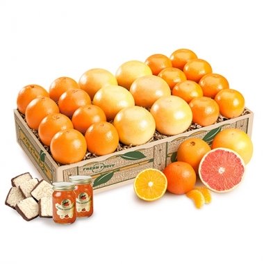 1 or 2 Fruit Trays - Navel Oranges, Tangerines, Ruby Red Grapefruit, two jars Marmalade, 8 oz. box Chocolate Coconut Patties