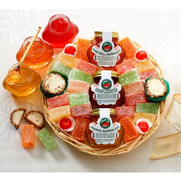 Assorted Juice Candies, Pecan Log Roll Slices, Pecan Orangettes, Candied Cherries, Orange-Pineapple- Cherry and Orange Marmalade